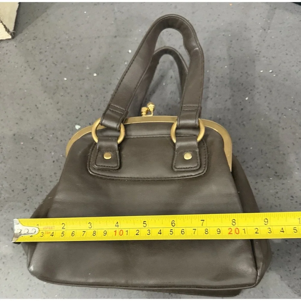 Vtg Necessary Objects Kiss Lock Brown Vegan Leather Handbag Purse
